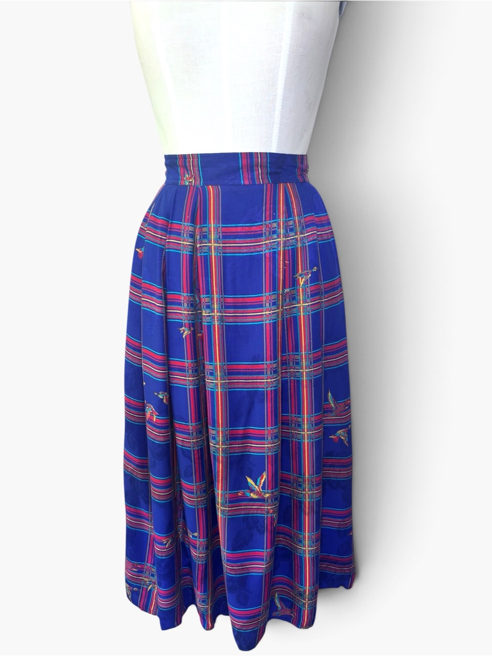 Chaus Vintage Blue Plaid Midi Skirt with Birds and Jacquard Rose Fabric